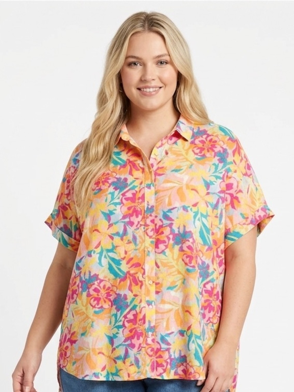 Time and Tru Floral Button-Front Top in Pink, Yellow size XLarge linen blend